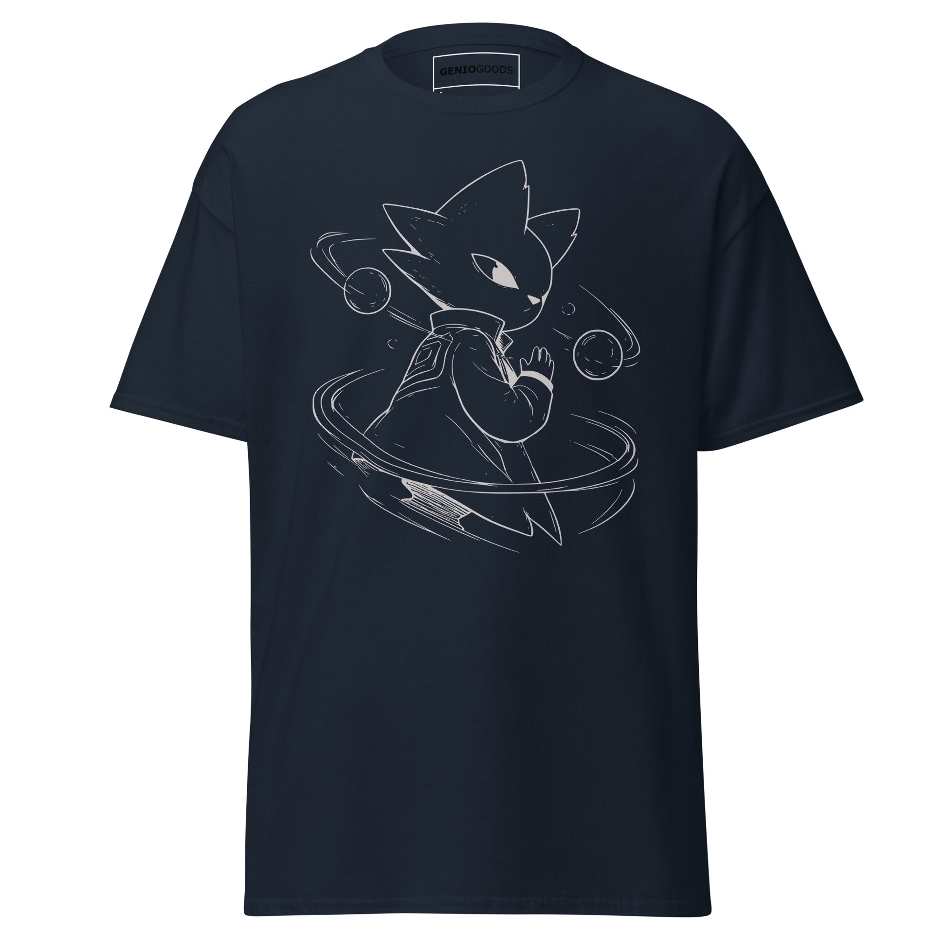 Front view of the navy Nine Sols Orbiting Focus Taopunk Motion graphic tee featuring a minimalist taopunk figure with orbiting rings