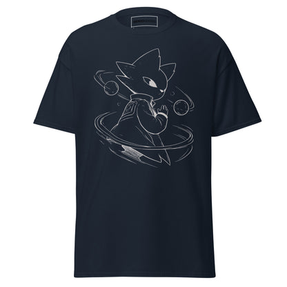 Front view of the navy Nine Sols Orbiting Focus Taopunk Motion graphic tee featuring a minimalist taopunk figure with orbiting rings