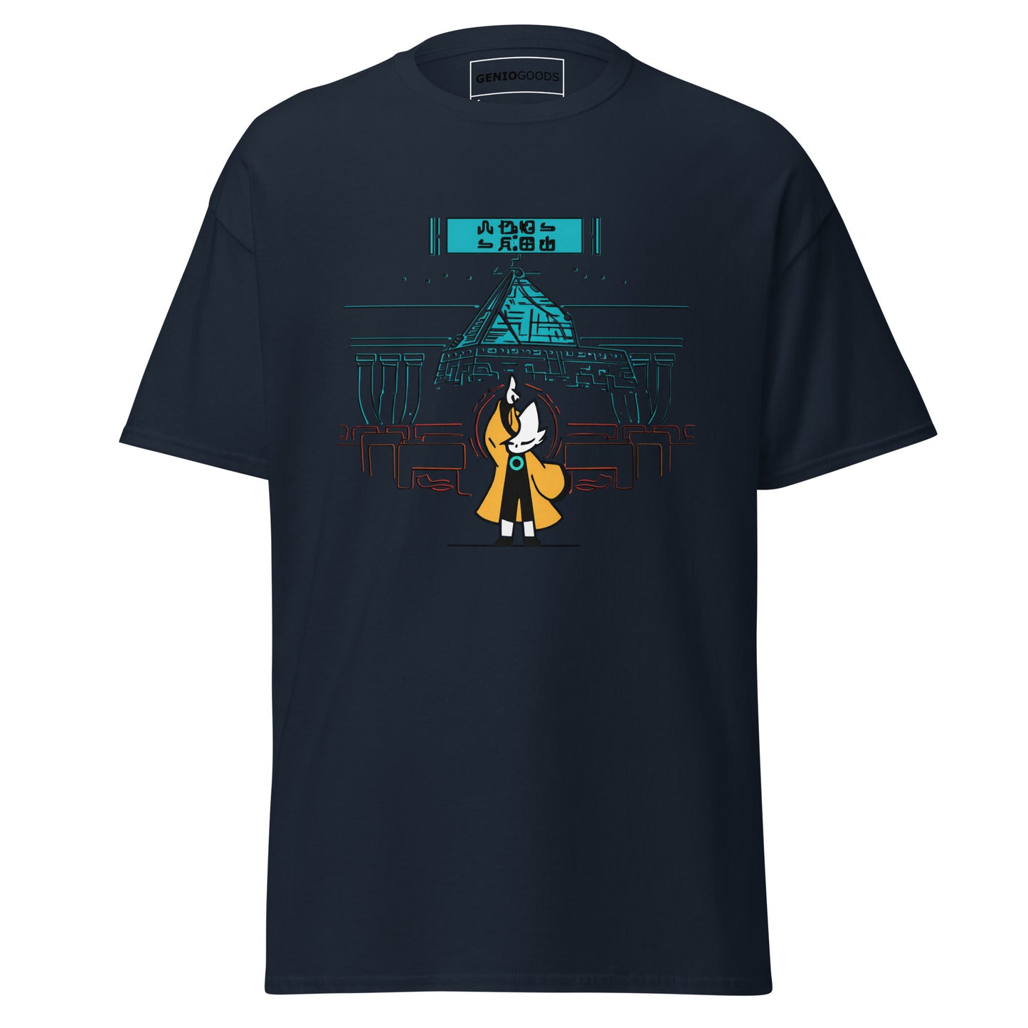Front view of the navy Nine Sols Taopunk Tee Shrine of Silent Presence featuring a minimalist shrine scene in taopunk style