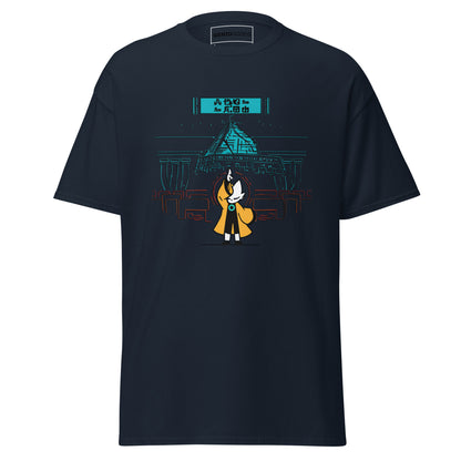 Front view of the navy Nine Sols Taopunk Tee Shrine of Silent Presence featuring a minimalist shrine scene in taopunk style