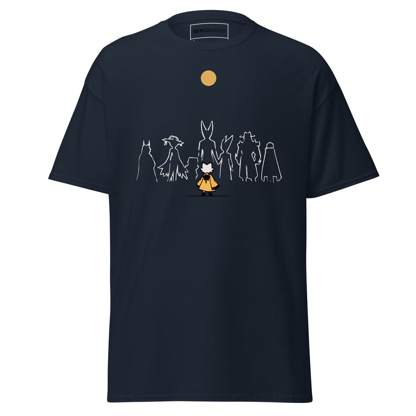 Front view of the navy  Nine Sols Under the Golden Sol character tee featuring a minimalist line art group beneath a golden sun