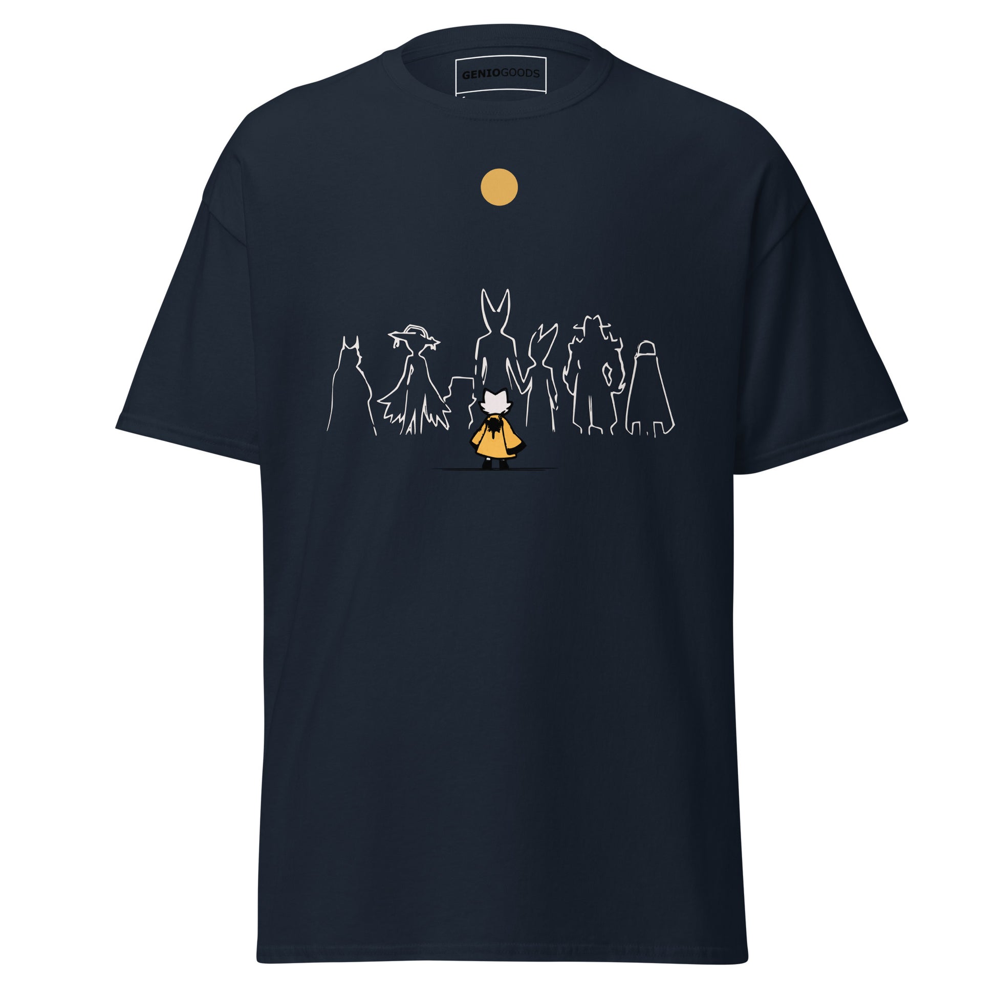 Front view of the navy  Nine Sols Under the Golden Sol character tee featuring a minimalist line art group beneath a golden sun
