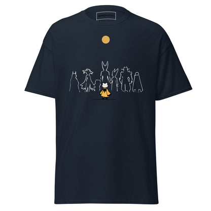 Front view of the navy  Nine Sols Under the Golden Sol character tee featuring a minimalist line art group beneath a golden sun