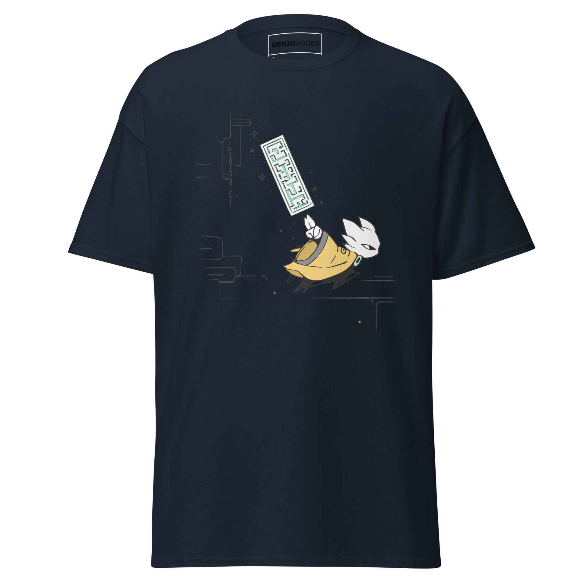 Front view of the navy Nine Sols Action Tee Seal Motion featuring a minimalist seal graphic with motion detail