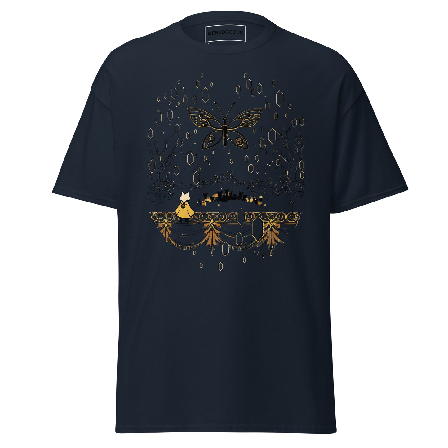 Front view of the navy Nine Sols Butterfly Tee Golden Echo featuring a golden butterfly above an ornate shrine scene