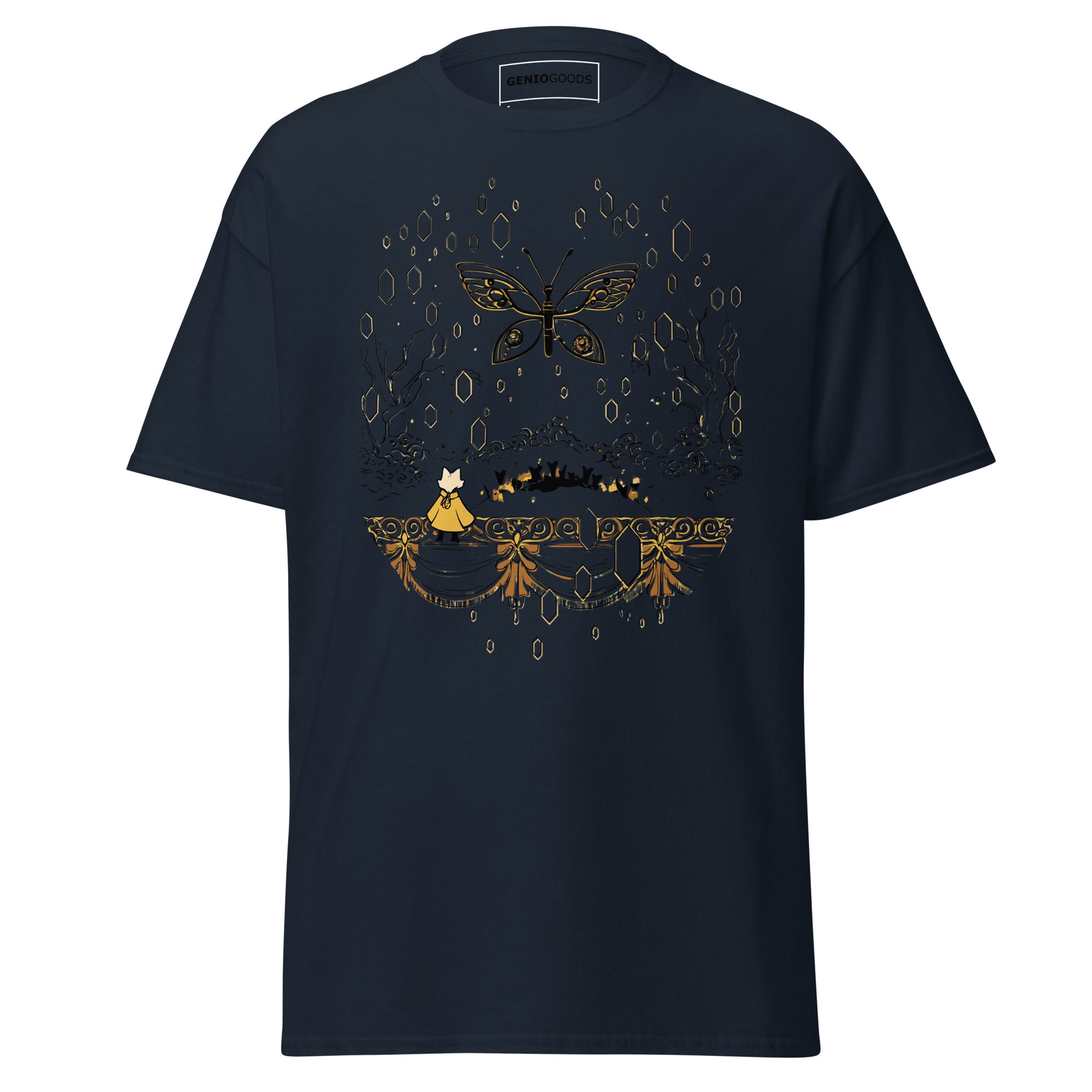 Front view of the navy Nine Sols Butterfly Tee Golden Echo featuring a golden butterfly above an ornate shrine scene