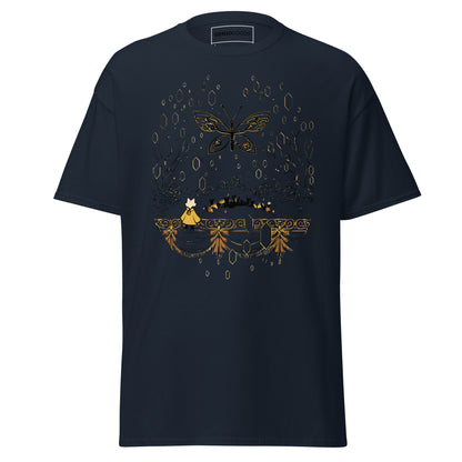 Front view of the navy Nine Sols Butterfly Tee Golden Echo featuring a golden butterfly above an ornate shrine scene