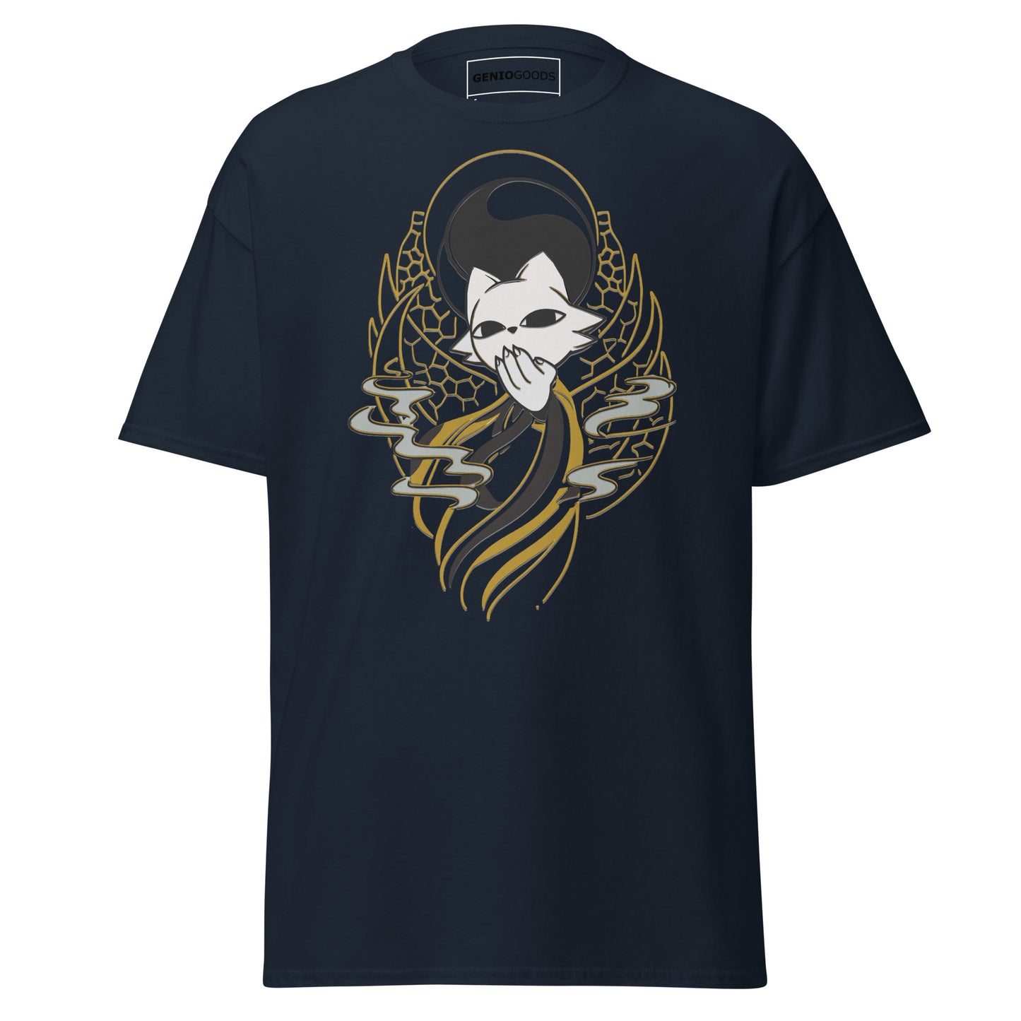 Front view of the navy Nine Sols Yin Yang Tee Balance Presence featuring a yin yang skull graphic with golden line details