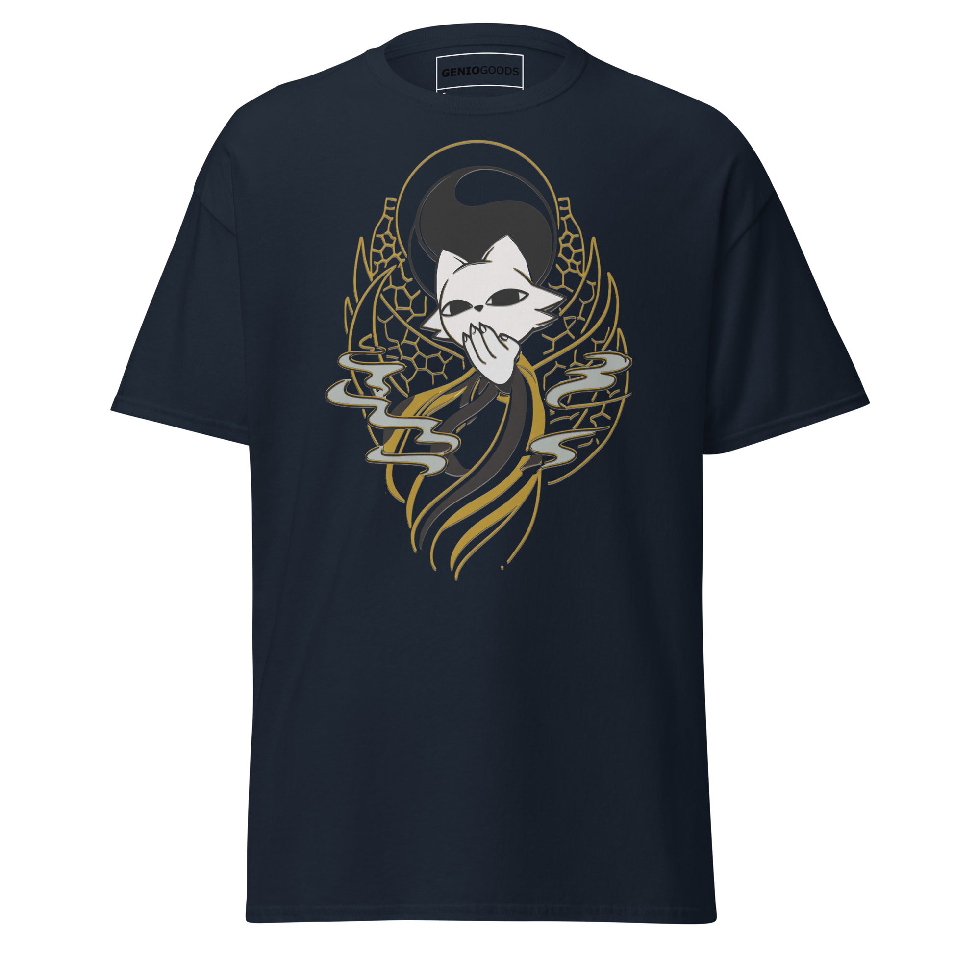 Front view of the navy Nine Sols Yin Yang Tee Balance Presence featuring a yin yang skull graphic with golden line details