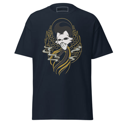 Front view of the navy Nine Sols Yin Yang Tee Balance Presence featuring a yin yang skull graphic with golden line details