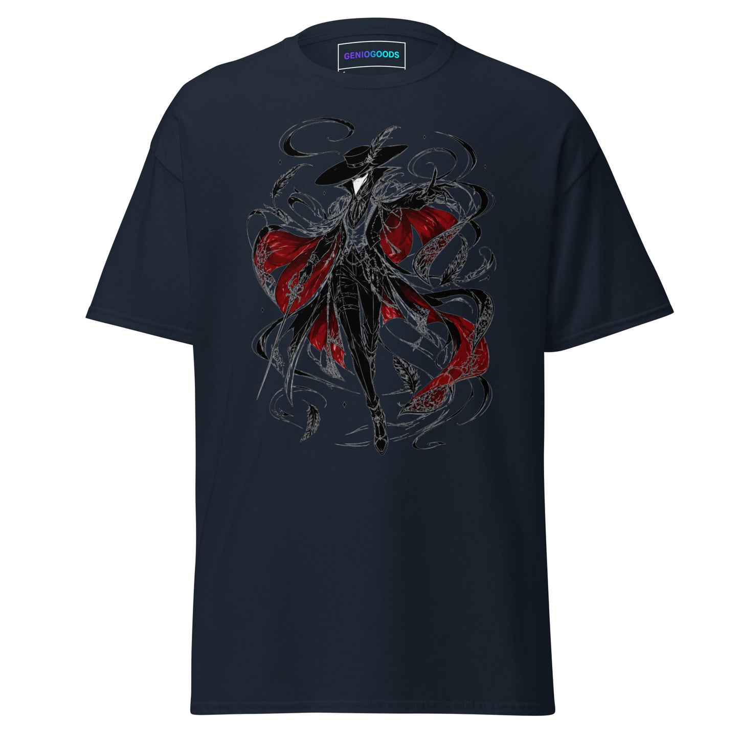 Front view of the Navy Crowsworn Crimson Wraith T-shirt with gothic dark fantasy graphic
