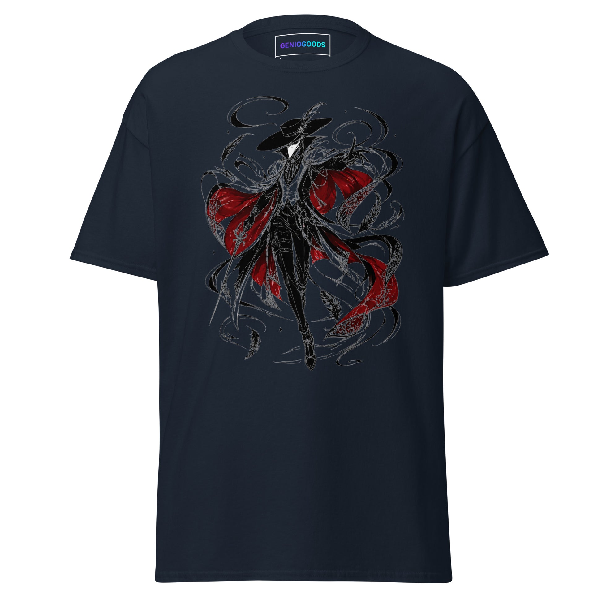 Front view of the Navy Crowsworn Crimson Wraith T-shirt with gothic dark fantasy graphic