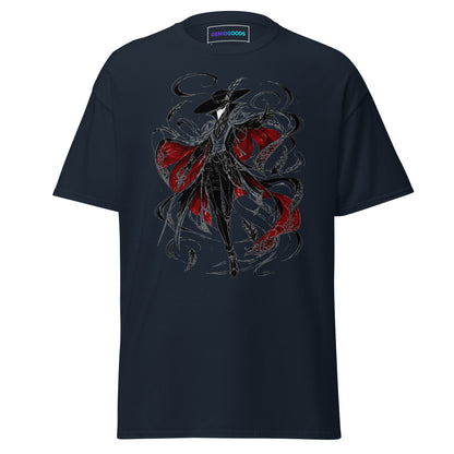 Front view of the Navy Crowsworn Crimson Wraith T-shirt with gothic dark fantasy graphic