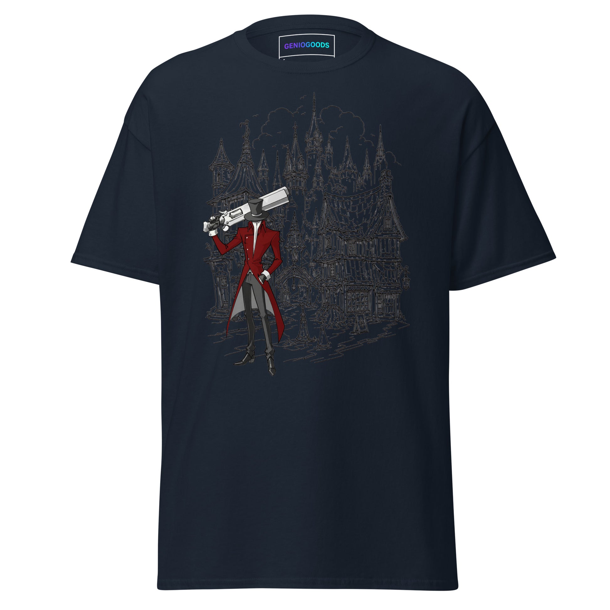 Front view of the Navy Crowsworn Gothic Hunter T-shirt with dark fantasy ruined kingdom graphic
