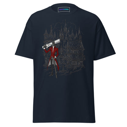 Front view of the Navy Crowsworn Gothic Hunter T-shirt with dark fantasy ruined kingdom graphic