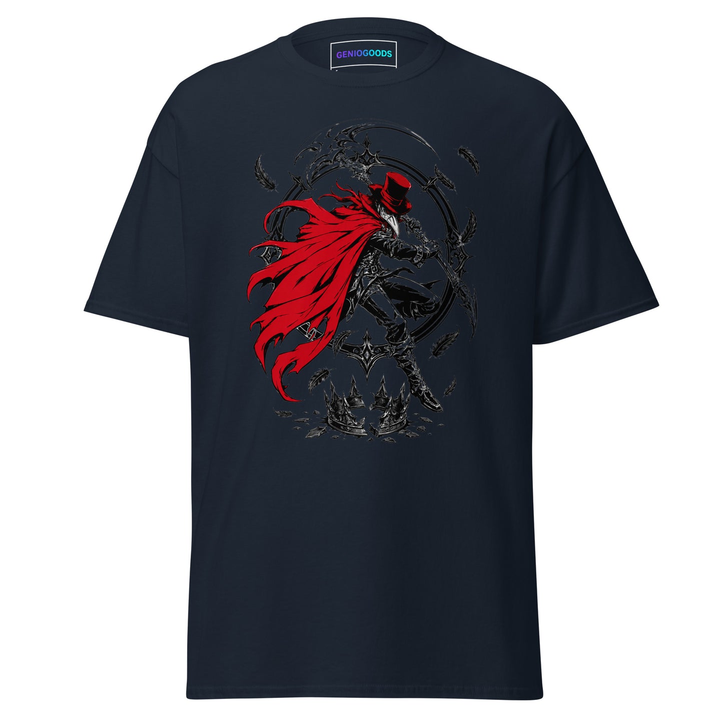  Navy Crowsworn Crimson Scythe T-shirt with red-caped warrior, raised scythe, dark feathers and gothic fantasy artwork.