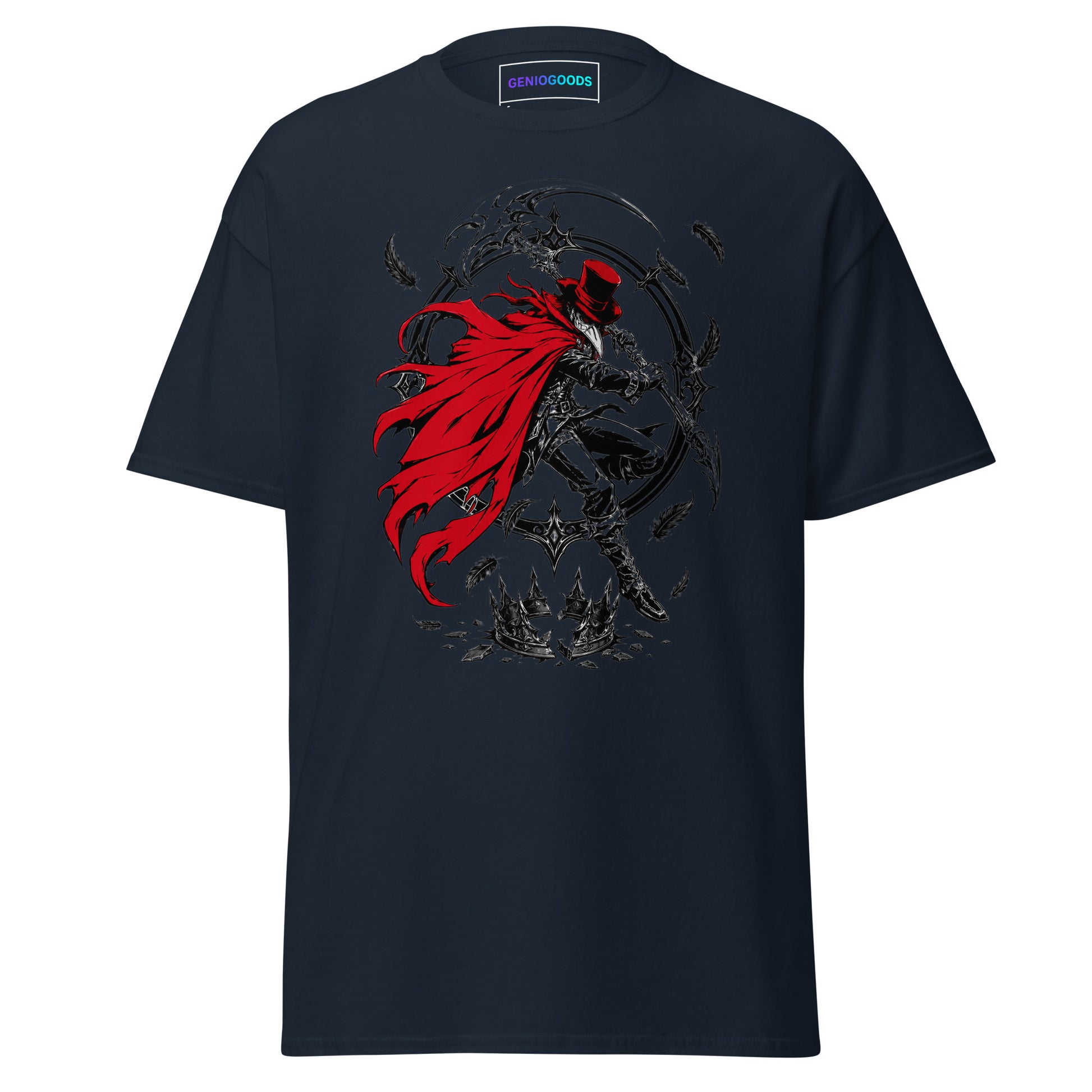  Navy Crowsworn Crimson Scythe T-shirt with red-caped warrior, raised scythe, dark feathers and gothic fantasy artwork.