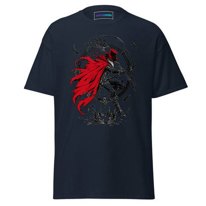  Navy Crowsworn Crimson Scythe T-shirt with red-caped warrior, raised scythe, dark feathers and gothic fantasy artwork.