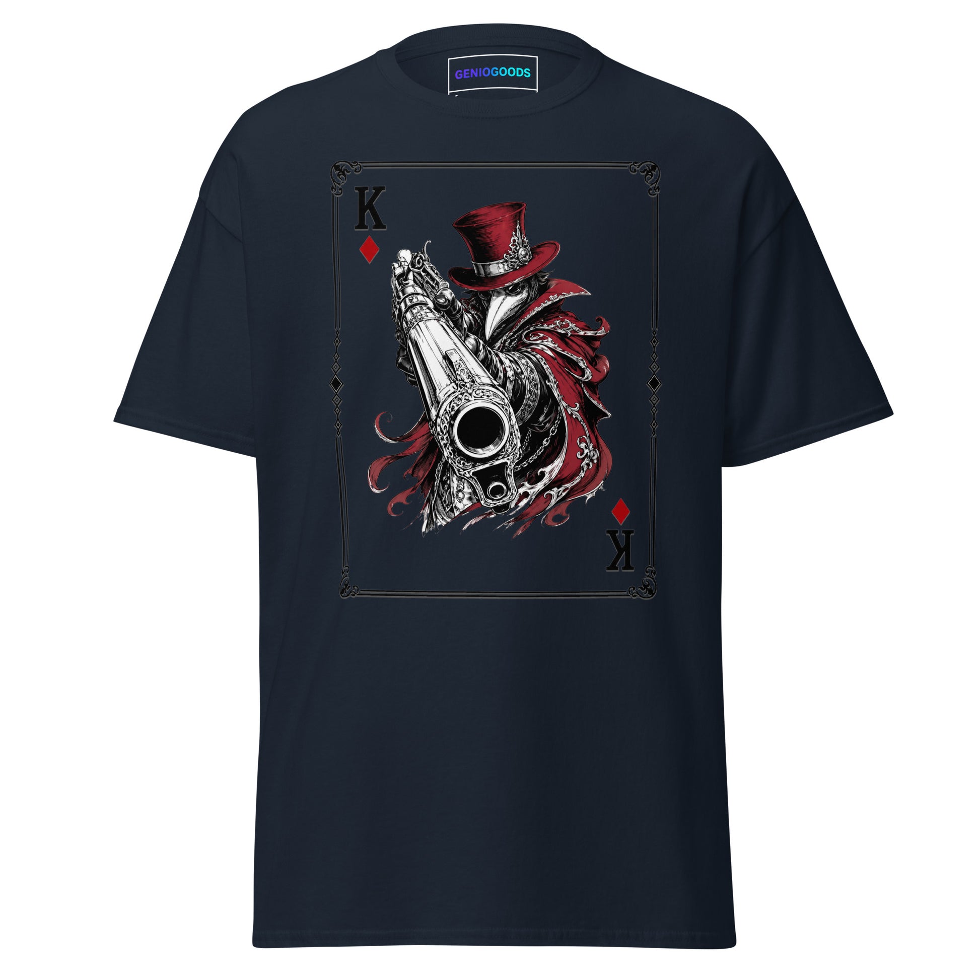 Front view of the Navy Crowsworn King of Diamonds T-shirt with crimson gambit card graphic