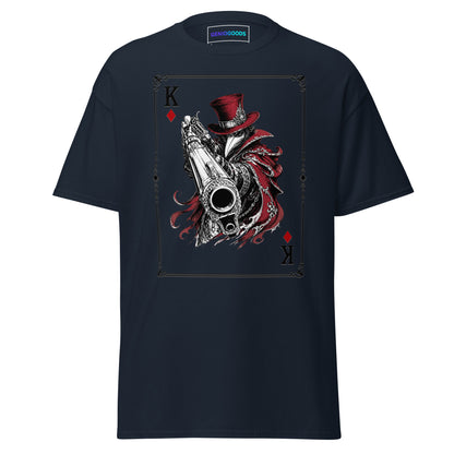 Front view of the Navy Crowsworn King of Diamonds T-shirt with crimson gambit card graphic