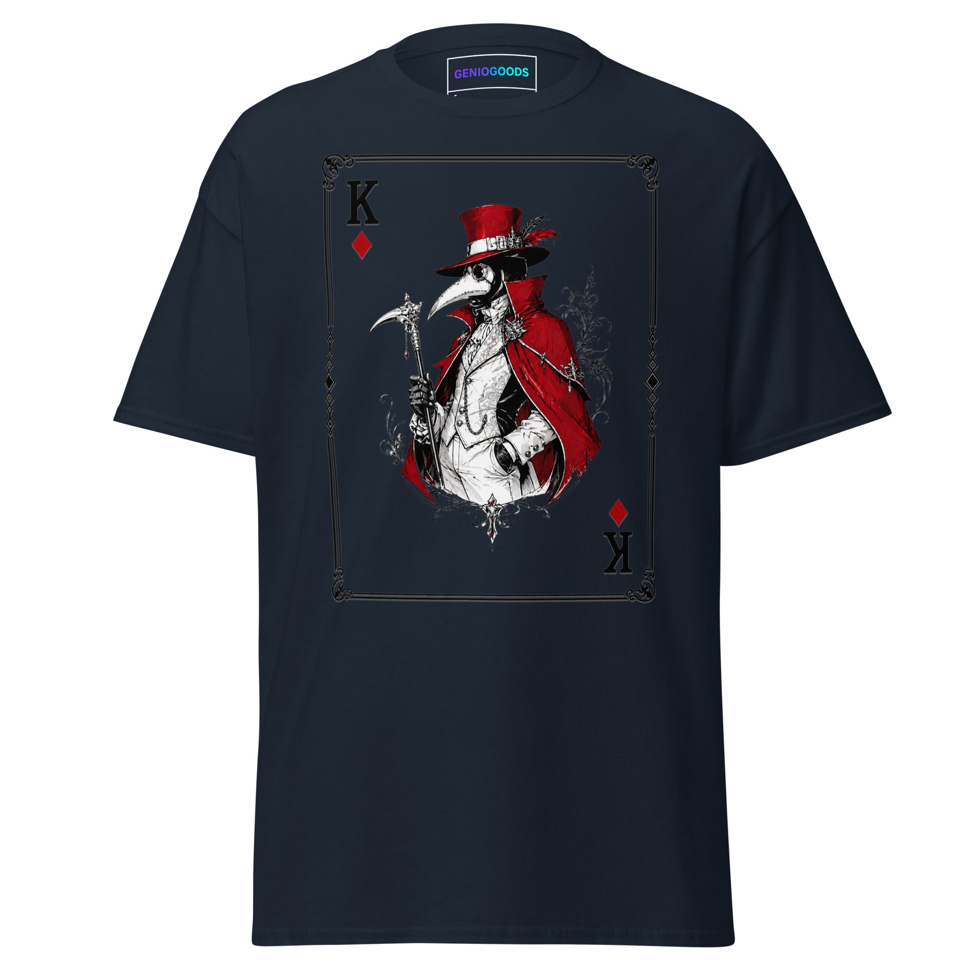 Front view of the Navy Crowsworn Masked King T-shirt with crimson card graphic