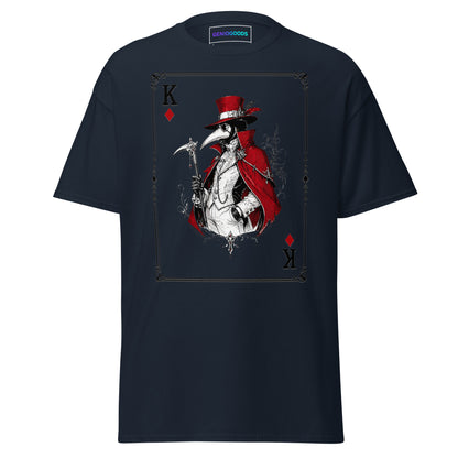 Front view of the Navy Crowsworn Masked King T-shirt with crimson card graphic