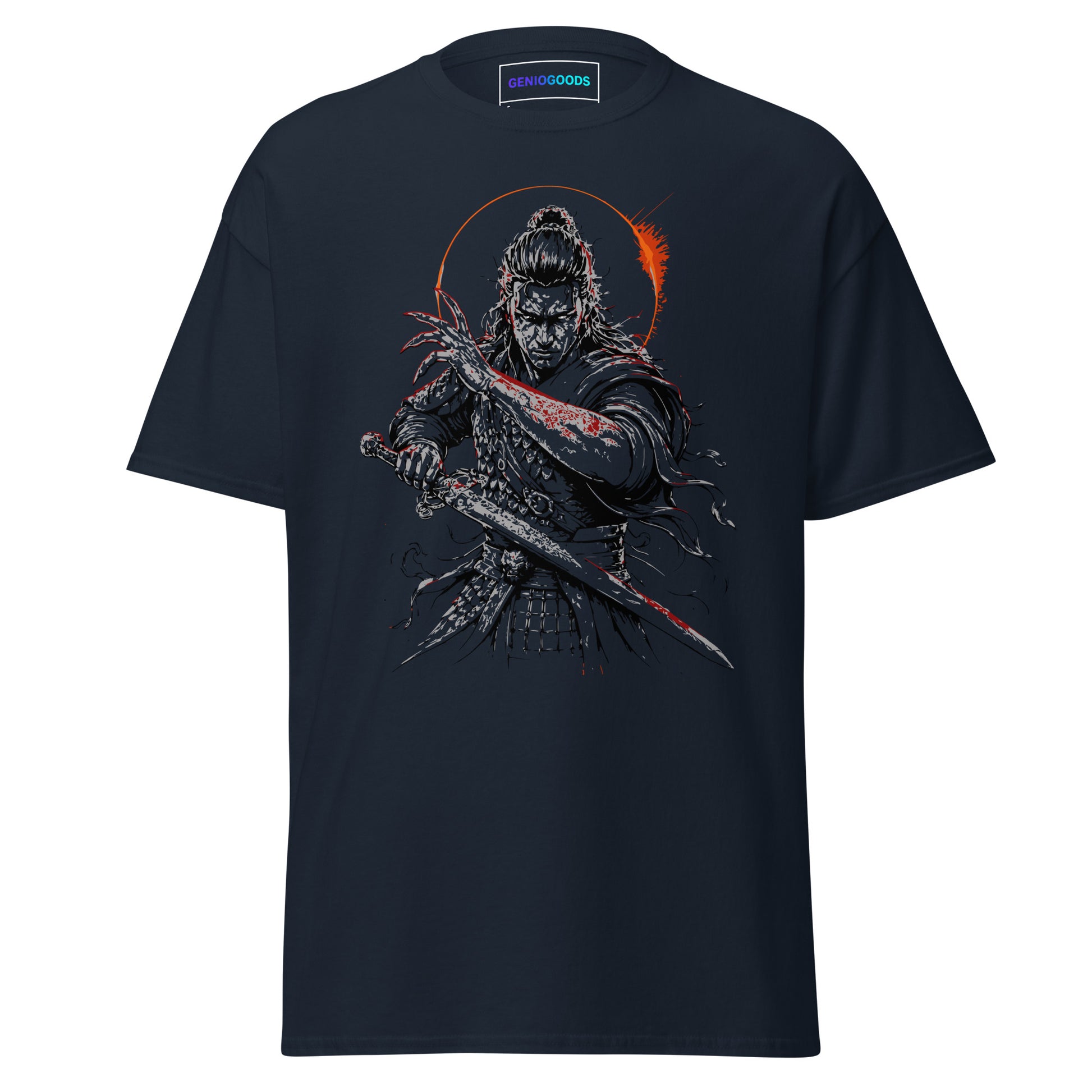 Front view of The Blood of Dawnwalker Coen Sword T-Shirt with Coen blade artwork on a navy tee