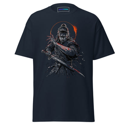 Front view of The Blood of Dawnwalker Coen Sword T-Shirt with Coen blade artwork on a navy tee