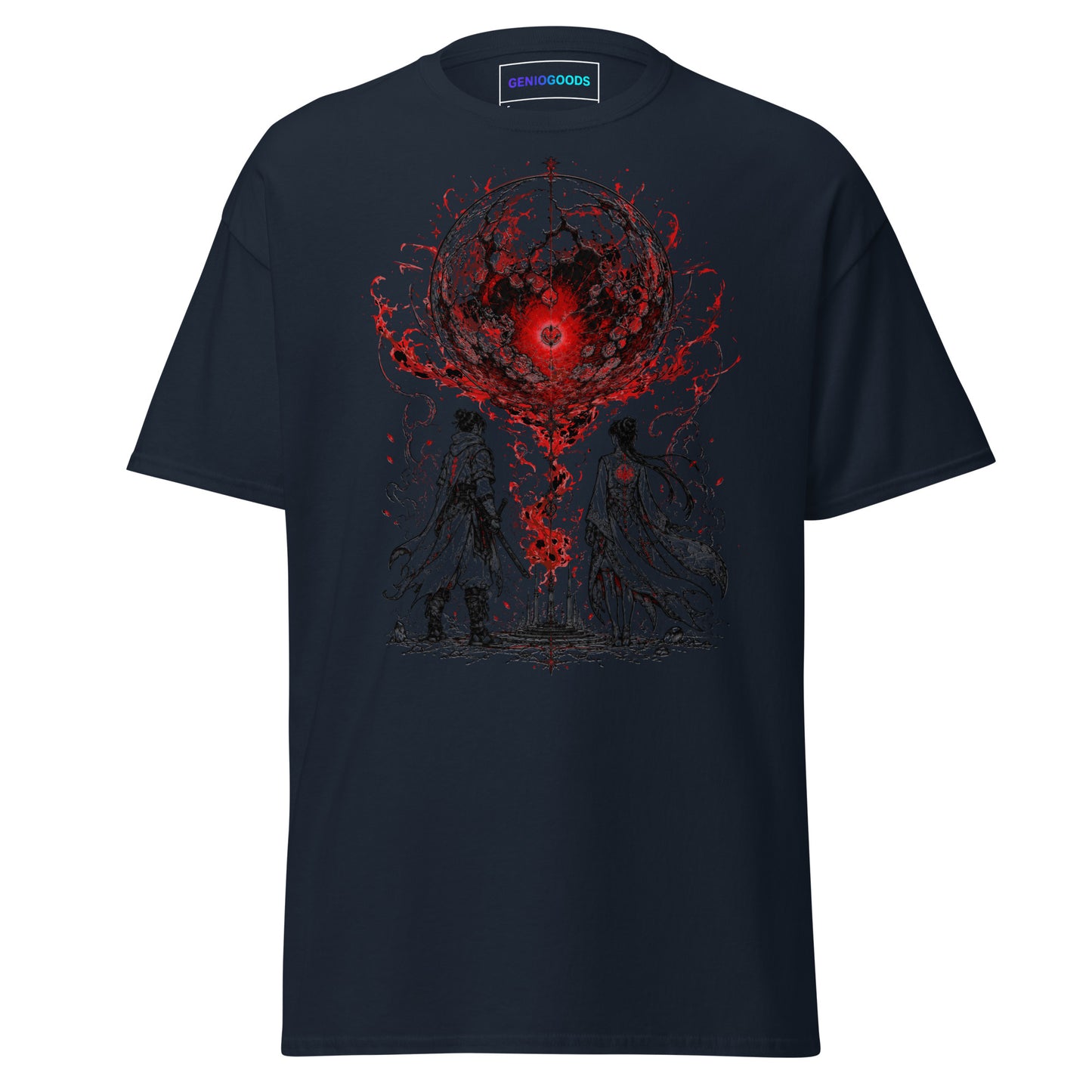 Front view of The Blood of Dawnwalker Crimson Eclipse T-Shirt with crimson eclipse artwork across the front of the tee