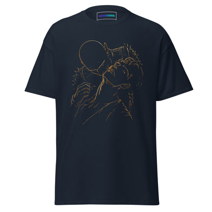 Front view of The Blood of Dawnwalker Sire Embrace T-Shirt with gold line artwork across the chest
