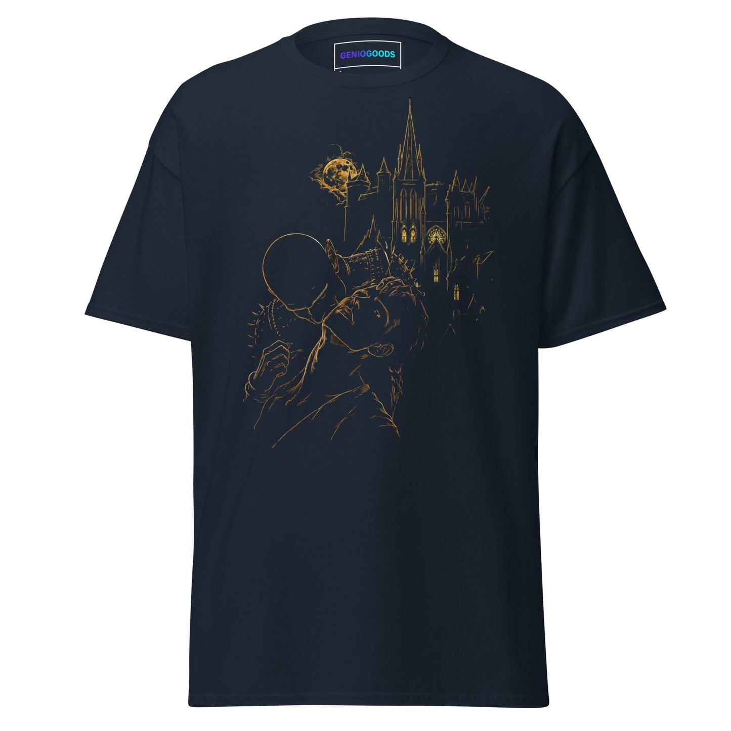 Front view of The Blood of Dawnwalker Sire’s Domain T-Shirt with gold vampire and gothic castle artwork on a navy tee