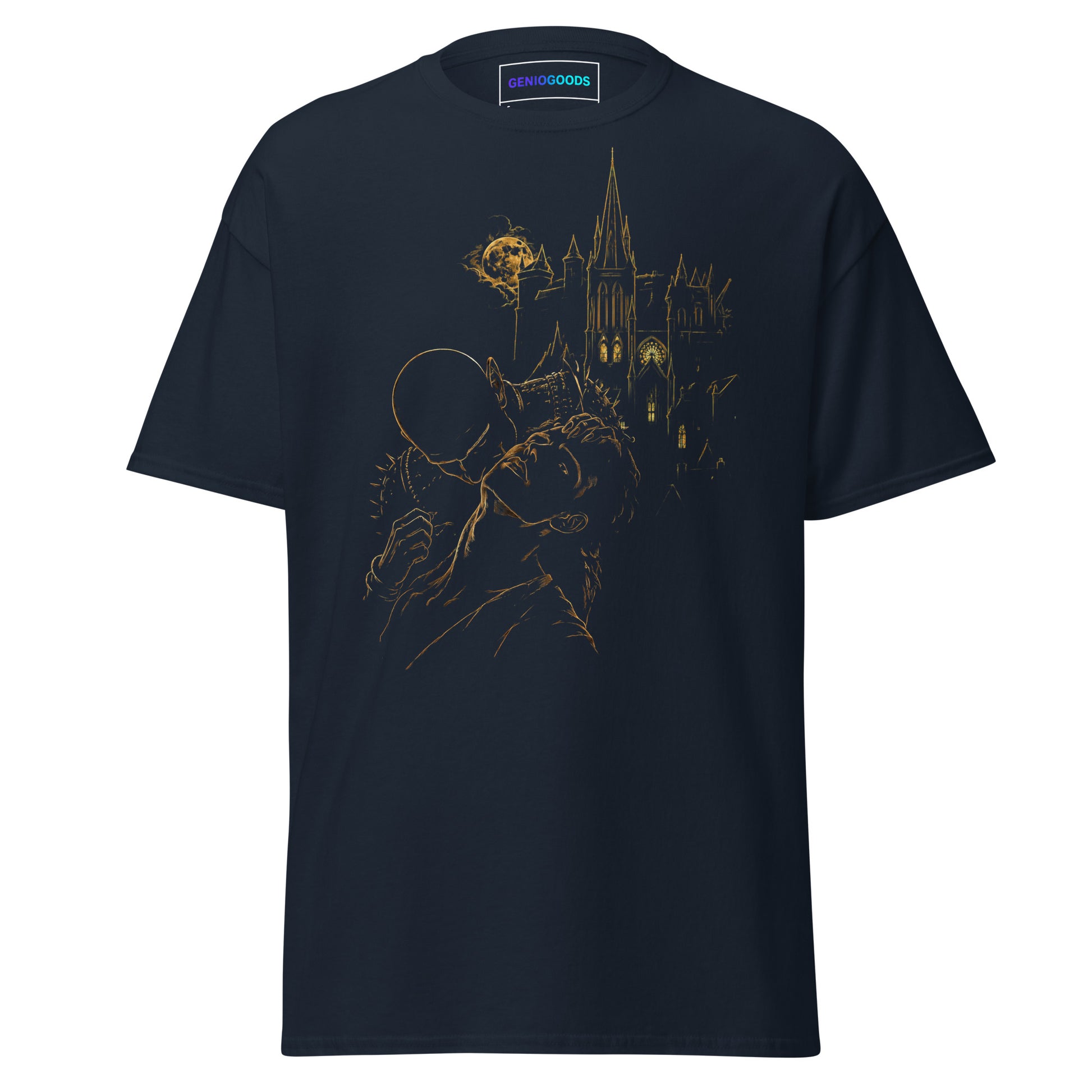 Front view of The Blood of Dawnwalker Sire’s Domain T-Shirt with gold vampire and gothic castle artwork on a navy tee