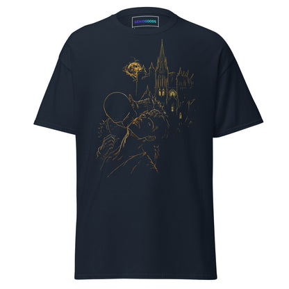 Front view of The Blood of Dawnwalker Sire’s Domain T-Shirt with gold vampire and gothic castle artwork on a navy tee