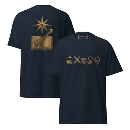 Front and back view of the Navy Oblivion Mages Guild Shirt – Arcane Emblem Design with chest symbols and large back graphic