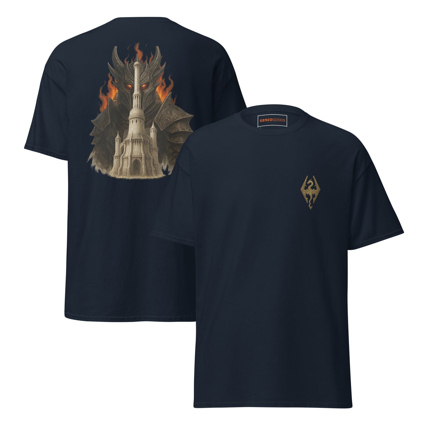 Front and back view of the Navy Oblivion Imperial City Shirt – White Gold Tower Design with chest sigil and large White Gold Tower back graphic