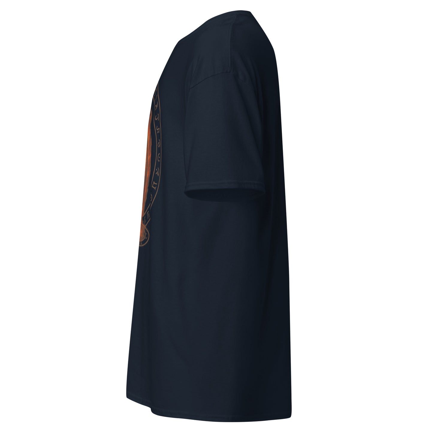 Left side view of the Navy Oblivion Gate T Shirt – Fiery Portal Design highlighting side silhouette and fit