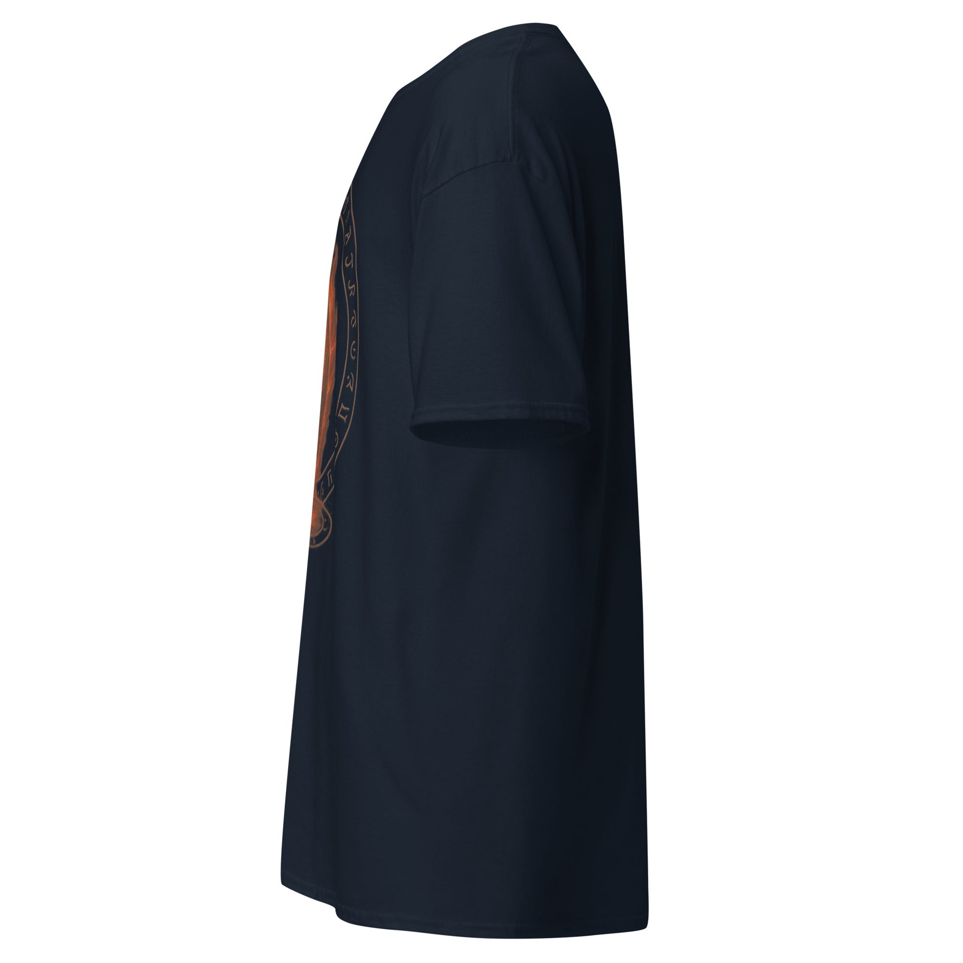 Left side view of the Navy Oblivion Gate T Shirt – Fiery Portal Design highlighting side silhouette and fit