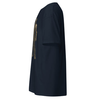 Left side view of the Navy Oblivion Guard Shirt – Stop Right There Quote highlighting side silhouette and fit