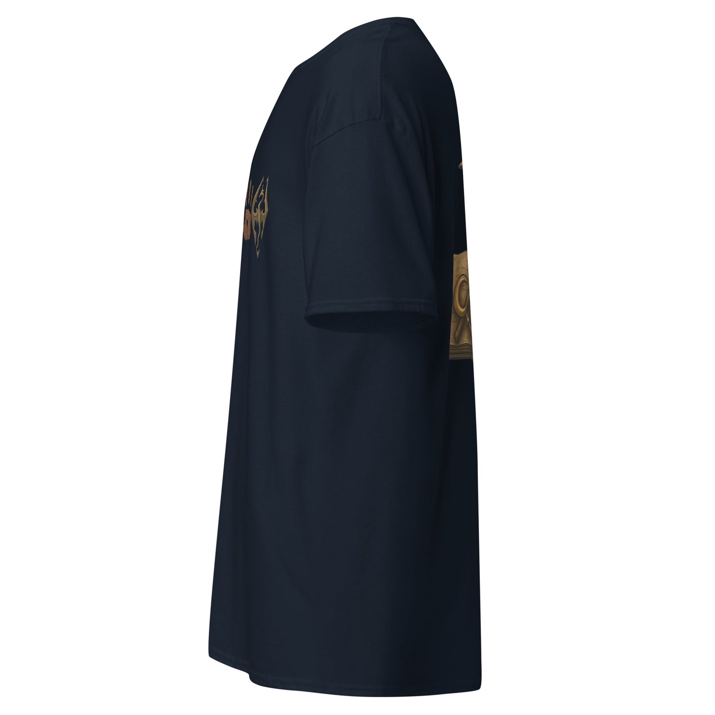 Left side view of the Navy Oblivion Mages Guild Shirt – Arcane Emblem Design highlighting side silhouette and fit