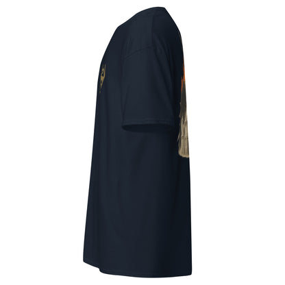 Left side view of the Navy Oblivion Imperial City Shirt – White Gold Tower Design highlighting side silhouette and fit