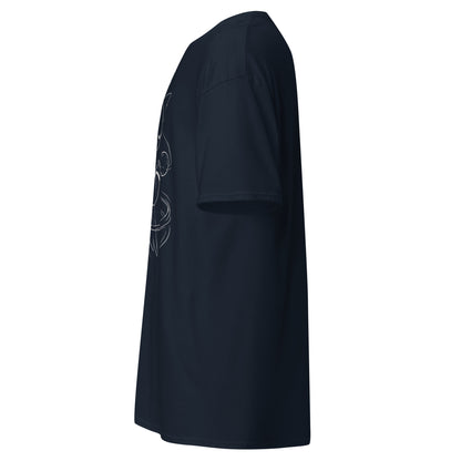 Left side view of the navy Nine Sols Orbiting Focus Taopunk Motion graphic tee with partial front design visible along the side