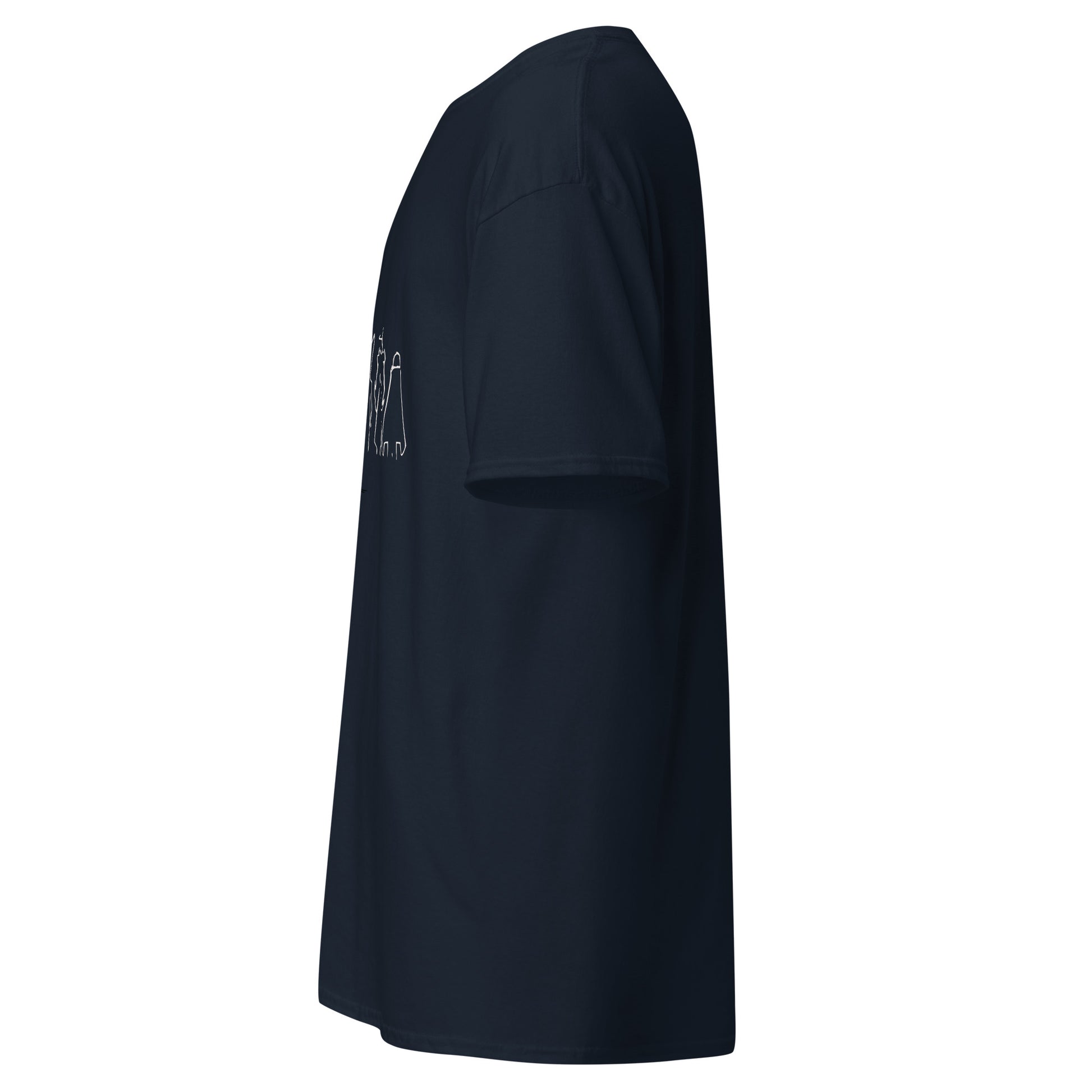 Left side view of the navy Nine Sols Under the Golden Sol character tee with partial front design visible along the side