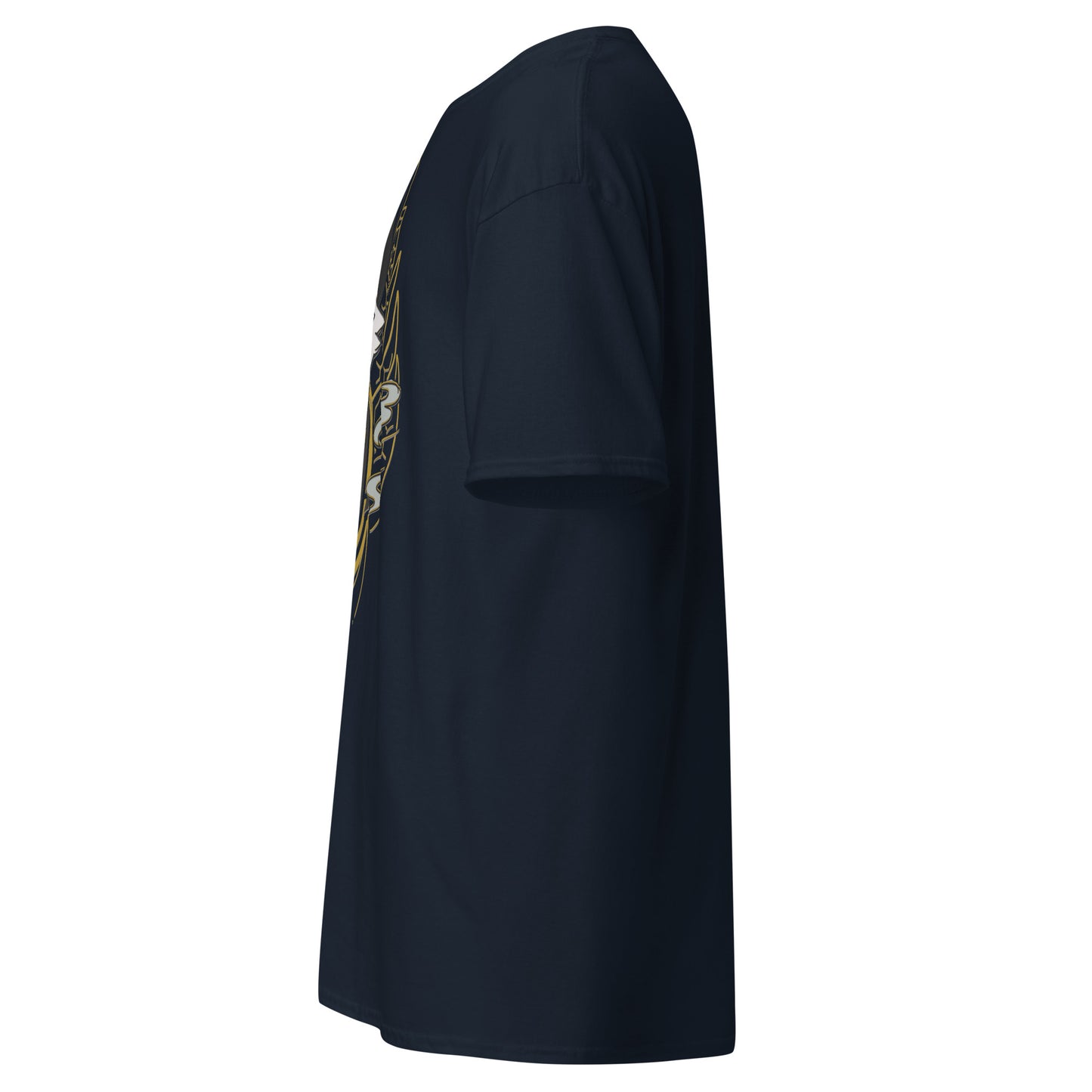 Left side view of the navy Nine Sols Yin Yang Tee Balance Presence with partial front design visible along the side