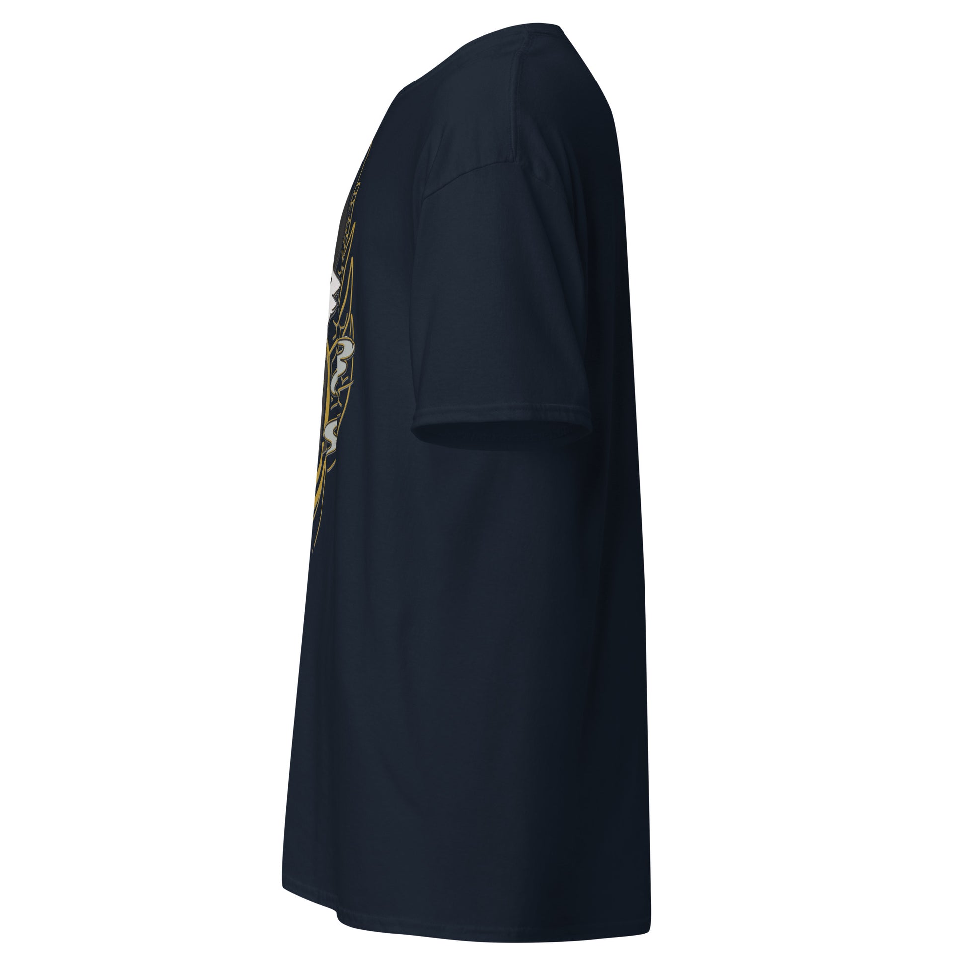 Left side view of the navy Nine Sols Yin Yang Tee Balance Presence with partial front design visible along the side