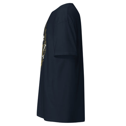 Left side view of the navy Nine Sols Yin Yang Tee Balance Presence with partial front design visible along the side