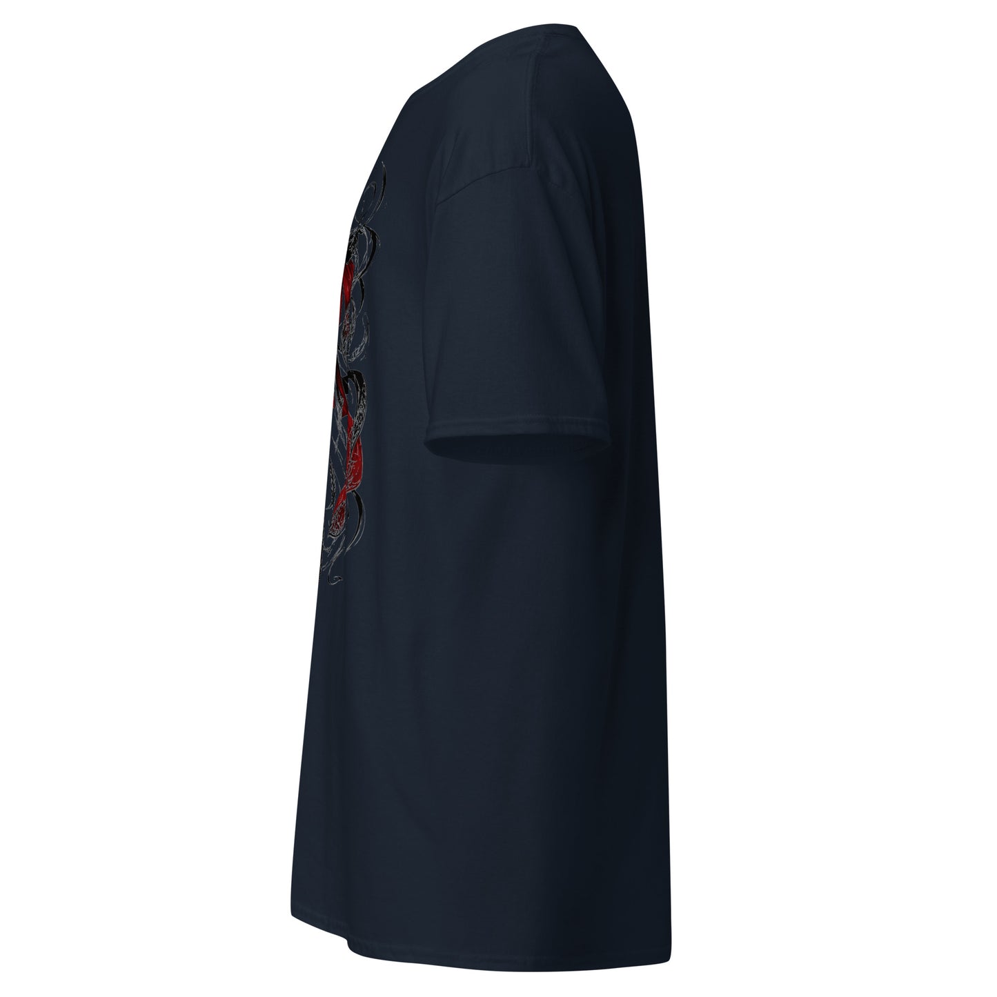 Left side view of the Navy Crowsworn Crimson Wraith T-shirt showing the side print detail
