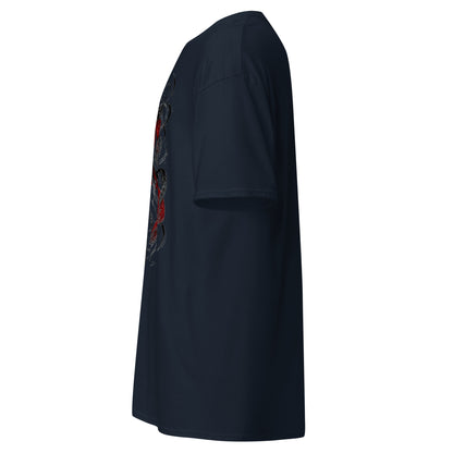 Left side view of the Navy Crowsworn Crimson Wraith T-shirt showing the side print detail