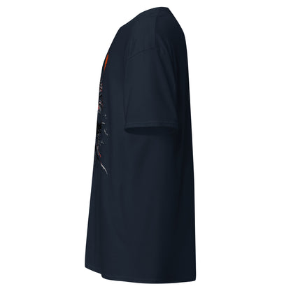 Left side view of The Blood of Dawnwalker Coen Sword T-Shirt highlighting navy side seam and classic tee fit