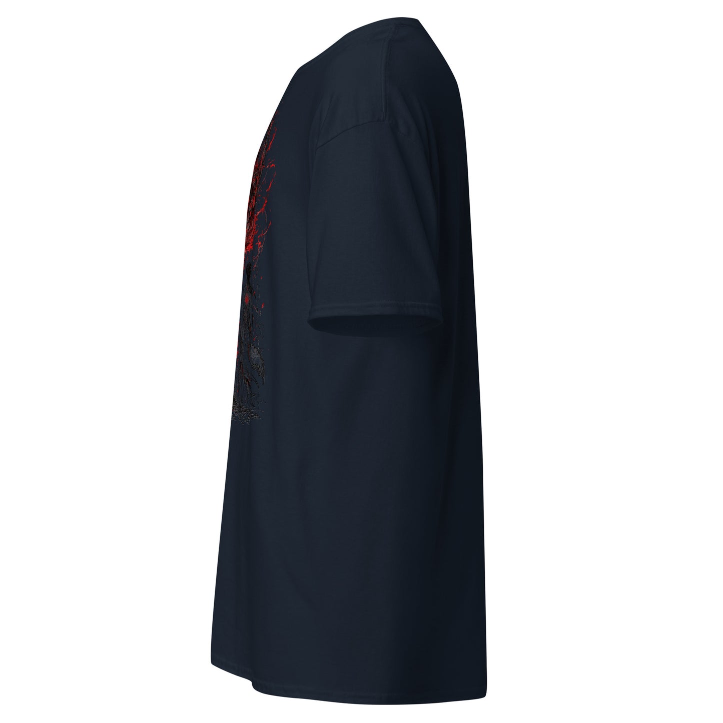Left side view of The Blood of Dawnwalker Crimson Eclipse T-Shirt showing side profile, sleeve shape and front print edge