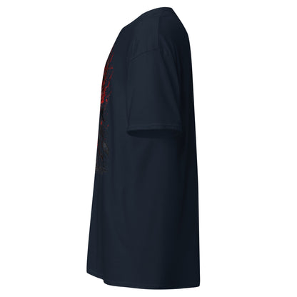 Left side view of The Blood of Dawnwalker Crimson Eclipse T-Shirt showing side profile, sleeve shape and front print edge